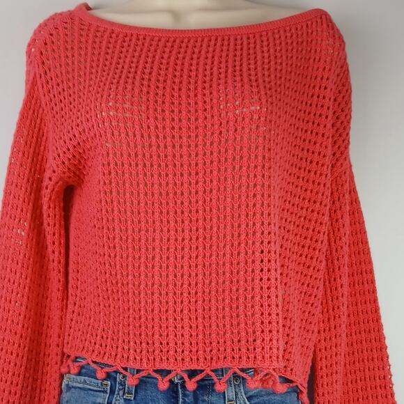 TULAROSA x Revolve SZ XS Pink Open Knit Boat Neck Sweater With Pom Pom Fringe - Picture 3 of 6